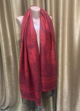 Тёплый плотный палантин шарф с орнаментом турецкий огурец цвет вишня, красно-бордовый2 фото