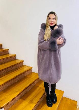 Пальто альпака туреччина 🇹🇷 люкс якість хутро на капюшоні та рукавах3 фото