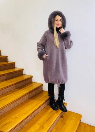 Пальто альпака батал з капюшоном і опушкою туреччина 🇹🇷7 фото
