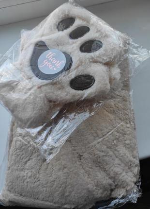 Комплект шапка с ушками + перчатки кошачьи лапки набор шапка шарф капор капюшон...