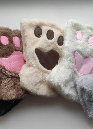 Комплект шапка с ушками + перчатки кошачьи лапки набор шапка шарф капор капюшон...