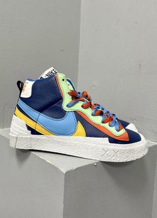 Нереальные женские высокие кроссовки nike blazer mid x sacai blue yellow 🇺🇦 синие с жёлтым цветные1 фото