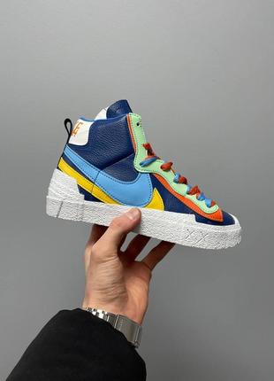 Нереальные женские высокие кроссовки nike blazer mid x sacai blue yellow 🇺🇦 синие с жёлтым цветные5 фото