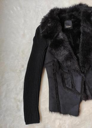 Черная теплая кофта с мехом внутри дубленка с вязаными рукавами шерсть кардиган теплый с воротником3 фото