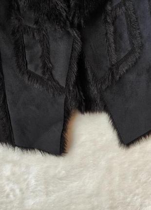 Черная теплая кофта с мехом внутри дубленка с вязаными рукавами шерсть кардиган теплый с воротником6 фото
