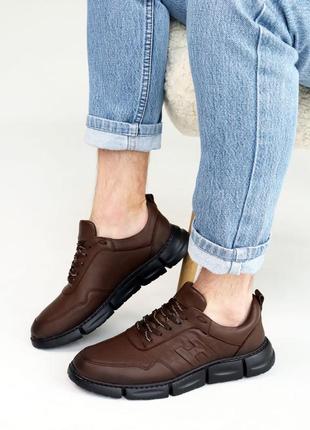 Стильные кроссовки, портящие ботинки кожаные коричневые мужские (весна/осень/деми/демисезонные) для мужчин, удобные, комфортные,стильные