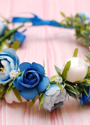 Вінок віночок з квітами біло-голубо-синій2 фото