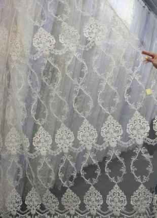 Ельвіра тюль сітка з золотою вишивкою колір кремовий