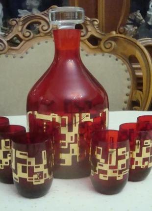 Набор графин стопки 6 шт цветной хрусталь богемия чехословакия №905