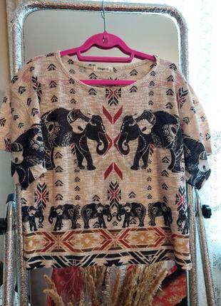 Футболка в этно стиле со слонами, свободного кроя ginger( размер 40)
