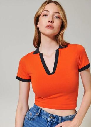 Укроп топ футболка поло оранжевая топик стильная модная яркая xs s 42 44 тренд подростковая6 фото