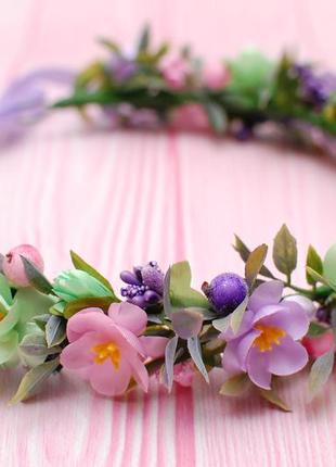 Вінок віночок весняний з квітами м*ятно-рожево-фіолетовий4 фото