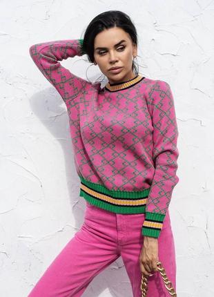 Кофта светр 100% бавовна під гучі з принтом геометрія зелений голубий розовий фуксія