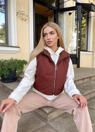 Жилетка 
модель: 332размер: 42-46
▫️ткань: плащовка , синтепон 100.
▫️цвет: молочный, чёрный, коричневый 
👍🏻отличного качества и пошива)