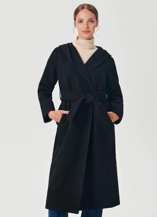 Черное пальто женское демисезонное стильное s m классическое модное 44 46 с капюшоном с поясом плащ куртка блейзер