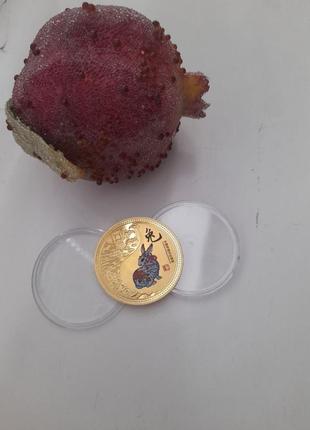 Счастливая золотая монетка с символом 2023 года в боксе на удачу.3 фото