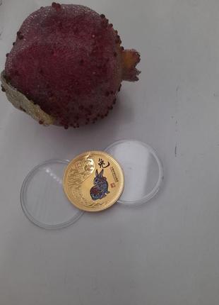 Счастливая золотая монетка с символом 2023 года в боксе на удачу.1 фото