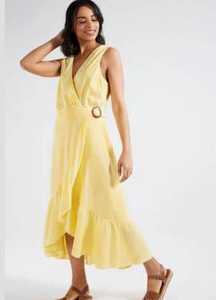 Класна жовта льняна сукня florence f&f  на запах.1 фото