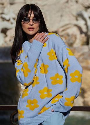 Люксовий светр бавовняний, квіти, подовжений