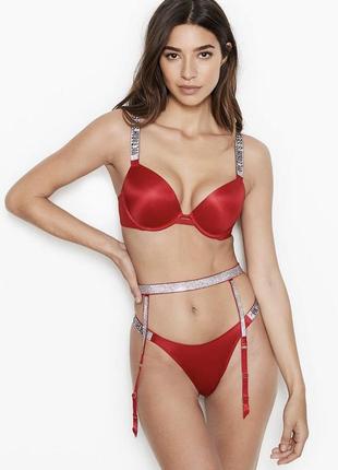 Комплект пояс для панчох, трусики стрінги червоні стрази оригінал victoria’s secret