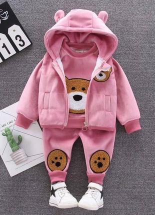 Дитячий костюм трійка плюш утеплений флісом 80-110 см рожевий мішка з вушками на капюшоні