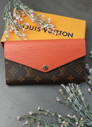 Класичний великий жіночий гаманець портмоне з канви коричневий з помаранчевою вставкою на кнопці