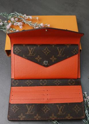 Класичний великий жіночий гаманець портмоне з канви коричневий з помаранчевою вставкою на кнопці3 фото