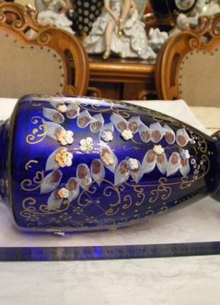 Красивая старинная ваза кобальт лепка позолота роспись богемское стекло чехословакия )6 фото