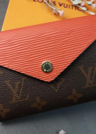 Мини кошелек женский раскладной брендовый на кнопке темно-коричневый с оранжевой вставкой5 фото