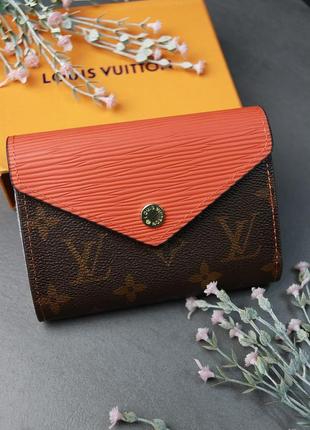 Мини кошелек женский раскладной брендовый на кнопке темно-коричневый с оранжевой вставкой1 фото