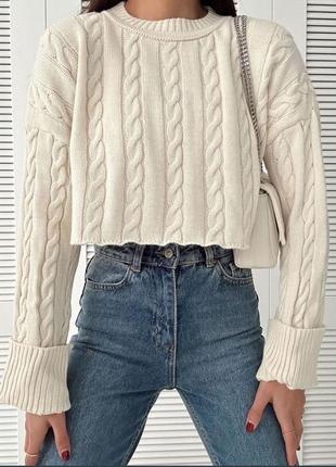 Женский свободный укороченный бежевый свитер косичка с м л 44 46 48 s m l5 фото