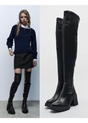 Шкіряні чоботи високі чорні ботфорти на трековій підошві zara ботфорти на середньому каблуці ботфорти панчохи еластичні ботфорти zara