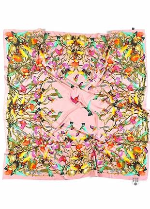 Огромный большой шелковый платок шаль 100% шелк розовый с птицами колибри новый2 фото
