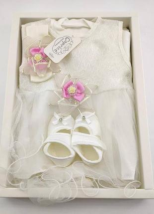Подарунковий набір 0 до 4 місяців плаття для хрещення подарунок новонародженого біле1 фото