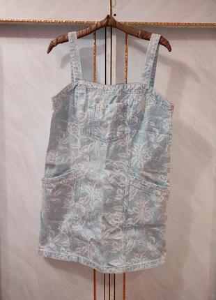Сарафан комбінезон джинсовий з блискавкою на спині літній з карманами з квітами