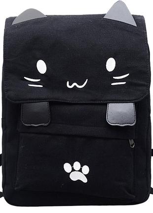 Рюкзак чорний однотонний у вигляді кота котик біла вишивка лапки вушка милий місткий дт306