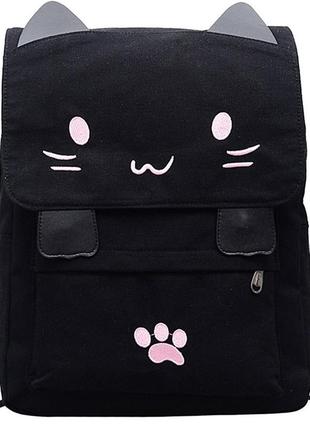 Рюкзак чорний однотонний у вигляді кота котик рожева вишивка лапки вушка милий місткий дт306