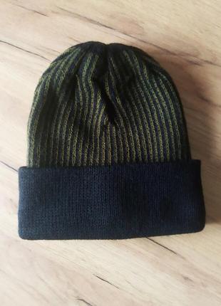 Распродажа мужская вязаная шапка шапочка двойная с отворотом черная из хаки
