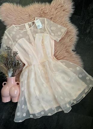 Красивое платье в горох из органзы, имеет подклад, красивое пудрово-розовый цвет h&amp;m
