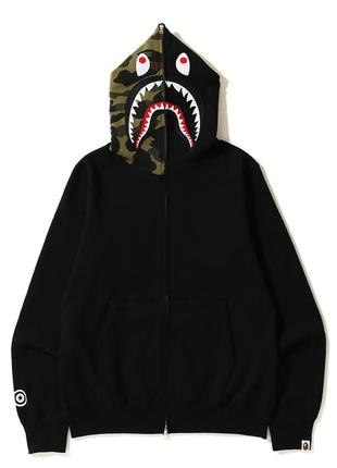 Чёрный худи bape shark full zip black camo кофта с капюшоном на молнии