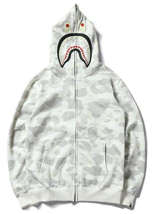 Белый худи bape shark full zip светящийся в темноте white camo кофта с капюшоном на молнии