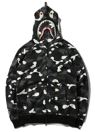 Чорний худі bape shark full zip cяючий в темряві black camo кофта з капюшоном на блискавці