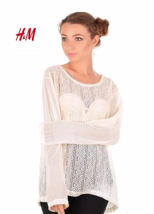 Кремовая ажурная блуза топ с длинными рукавами h&m