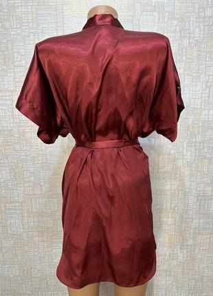 Женский атласный шелковый халат для дома бордовый4 фото
