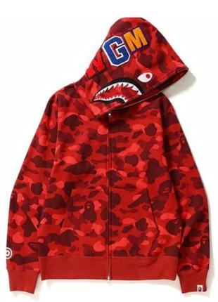 Красный худи bape shark full zip red camo кофта с капюшоном на молнии