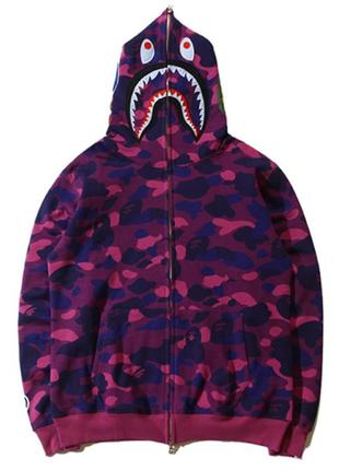 Фиолетовый худи bape shark full zip purple camo кофта с капюшоном на молнии