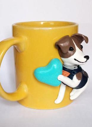 Чашка с декором из полимерной глины. пёс патрон с сердечком3 фото