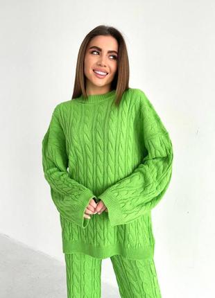 Теплий в'язаний зелений салатовий костюм8 фото