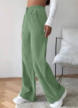 Жіночі вельветові брюки кюлоти штани широкі зелені сині бежеві коричневі мокко демісезонні на кожен день8 фото