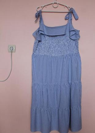 Ярусный хлопковый сарафан, сарафанчик белый в голубую полоску, платье, платье 100% хлопок 56-58 г.